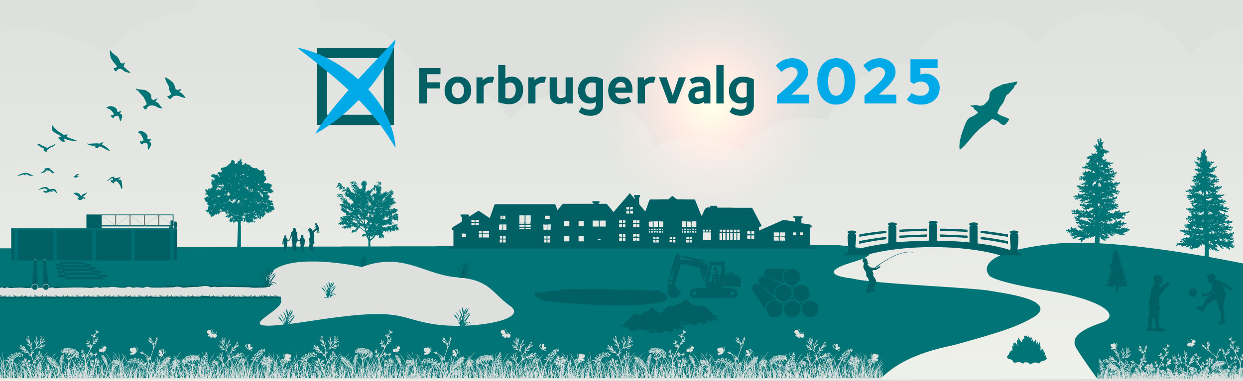 Grafisk tegning af vandløb, regnvandsbassin og blomster samt teskten Forbrugervalg 2025